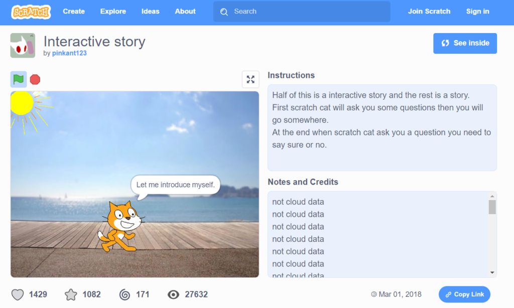 Screen capture of the game "Interactive Story" played on the website "Scratch".