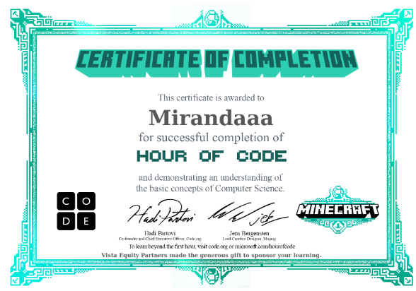 Image of a certification for completing a minecraft hour of code tutorial